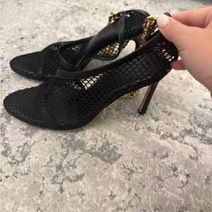 Bottega Veneta Black Mesh Heels with Gold Accent
